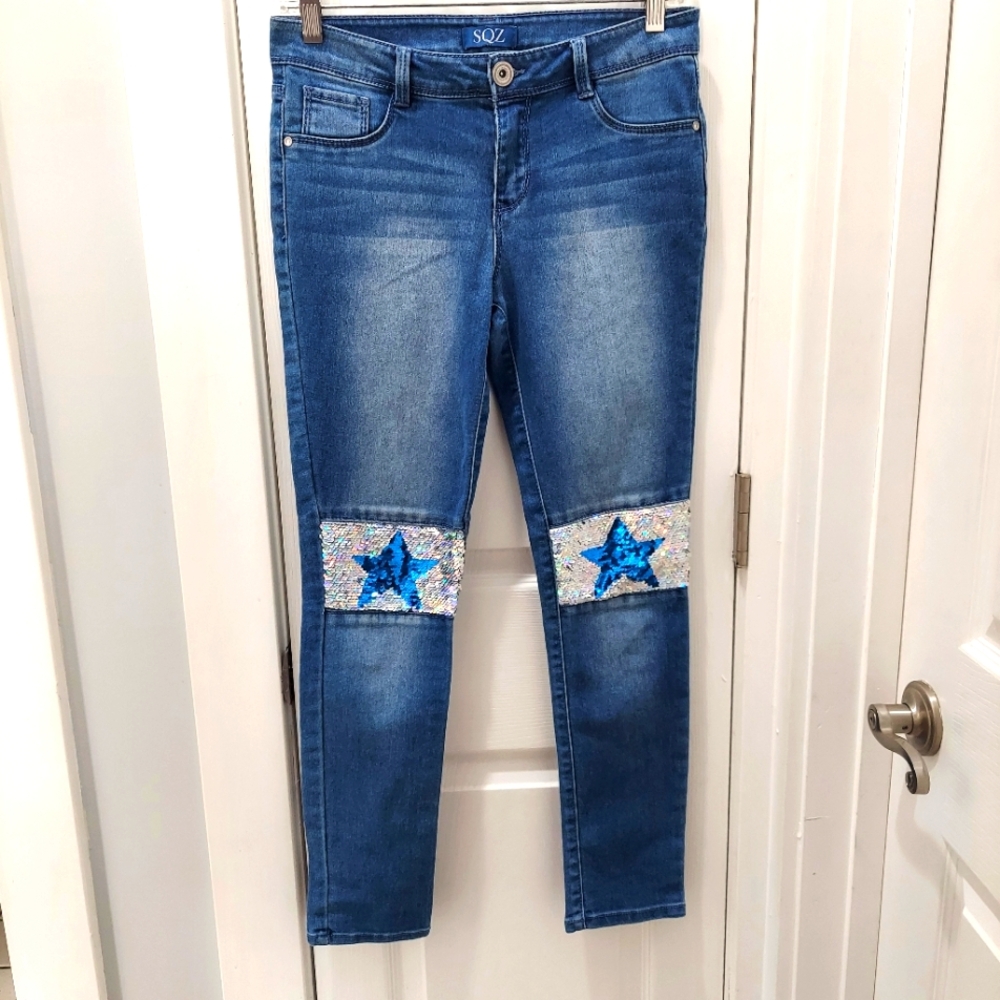 Jeans SQZ girls distressed coloring stars  on knees Size S-14